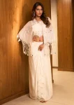 IVORY FRINGE CAPE TOP, CROPPED EMBELLISHED BLOUSE WITH A RUFFLE DRAPE SKIRT