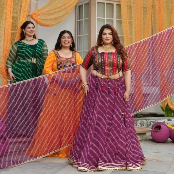 Basanti- Wine Banarasi Brocade Leheriya Chiffon Lehenga Set