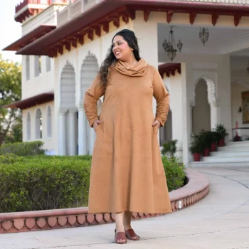 Mochaccino- Woollen Beige Suede Stretchable Leather Aline Cowl Dress