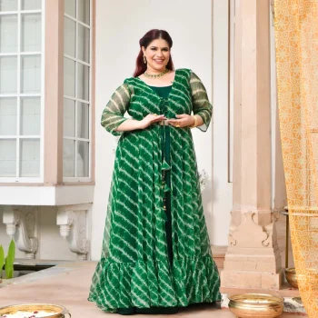 Morni- Dark Green Leheriya Chiffon Cape Set