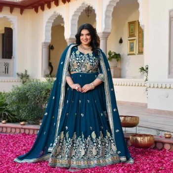 I Said Yes- Prussian Blue Thread & Gota Embroidered Georgette Lehenga Set
