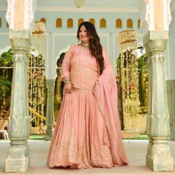 Raabta- Rose Gold Cutdana Embroidered Pure Tissue Silk Lehenga Set
