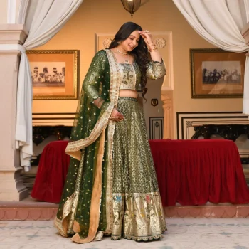 Harini- Mehendi green Banarasi Silk Lehenga Set