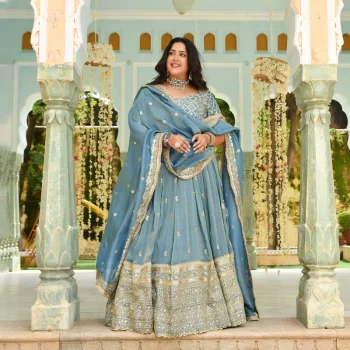 Sitara- Powder Blue Sequin Embroidered Pure Tissue Silk Lehenga Set
