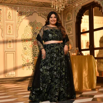Ishq ki Raat- Black Crepe Mirror Embroidered Lehenga Set