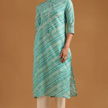 Turquoise Blue Cotton Blend Leheriya Kurta With Zari Embroidery & Faux Mirror