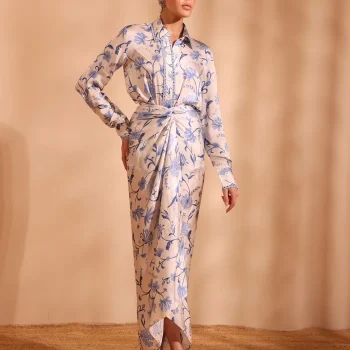 Hasi Cupro Satin Printed Off White Skirt set