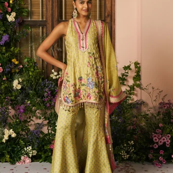 Chakori Linen Satin Lime Printed Kurta Set