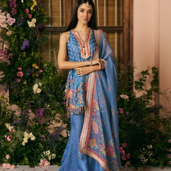 Chakori Linen Satin Steel Blue Printed Kurta Set