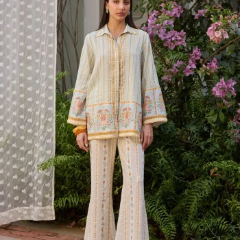 Ela Linen Printed Light Blue Shirt Set
