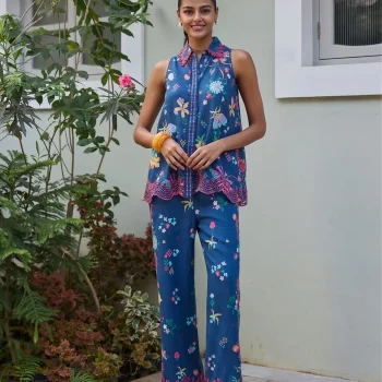 Eshira Linen Printed Navy Co-ord Set