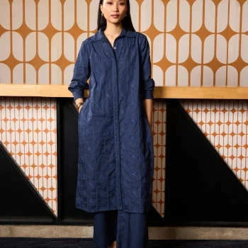 Zareenah Supima Cotton Navy Long Shirt Co-ord Set