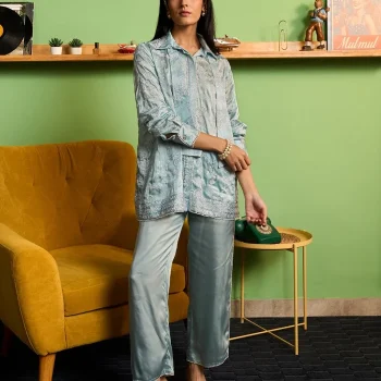 Zuvina Cupro Satin Blue Shirt Set