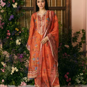 Akshi Cupro Satin Printed Orange Kurta Set