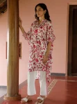 Marius Lawn Printed White/Fuschia Kurta Set