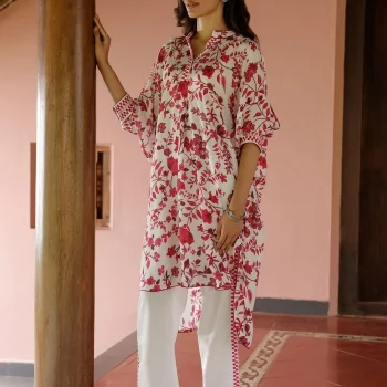 Marius Lawn Printed White/Fuschia Kurta Set