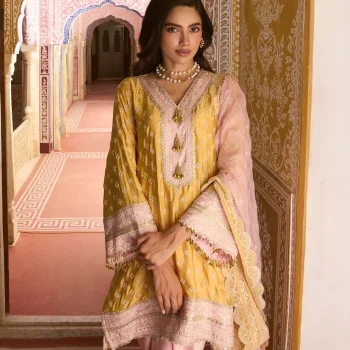 Survani Bemberg Satin Mustard Kurta With Pink Salwar