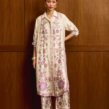 Mrina Cupro Satin Off White Long Shirt Co-ord Set