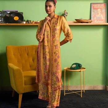 Mrina Cupro Satin Mustard Long Shirt Co-ord Set