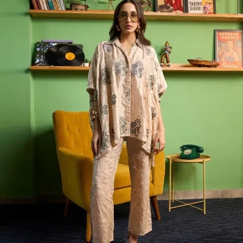 Siyaahi Cupro Satin Champagne Embroidery Shirt Set