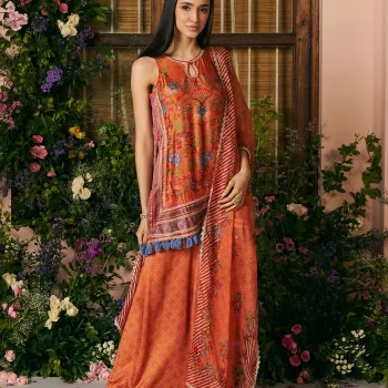 Taali Cupro Satin Printed Orange Kurta Set