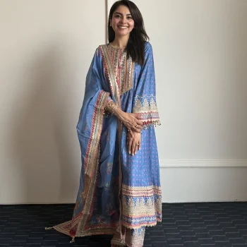 Maitri Pima Satin Steel Blue Kurta Set