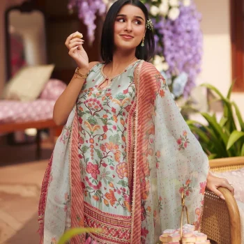 Taali Cpro Satin Printed Teal Blue Kurta Set