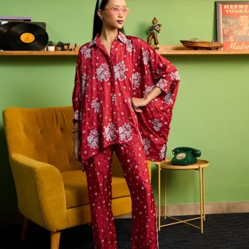 Siyaahi Cupro Satin Red Embroidery Shirt Set