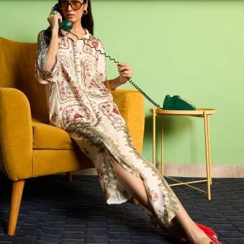 Akhzari Cupro Satin Champagne Printed Shirt Set
