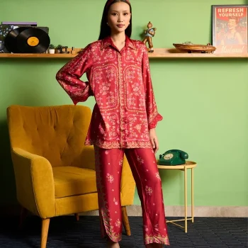Akhzari Cupro Satin Red Printed Shirt Set