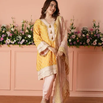 Survani Bemberg Satin Mustard Kurta With Pink Salwar