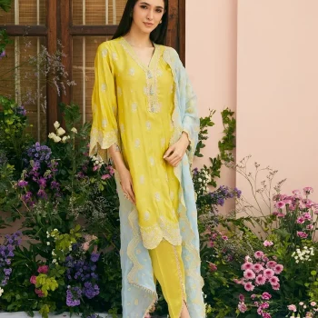 Phulkari Cupro Satin Lime Green Kurta Set