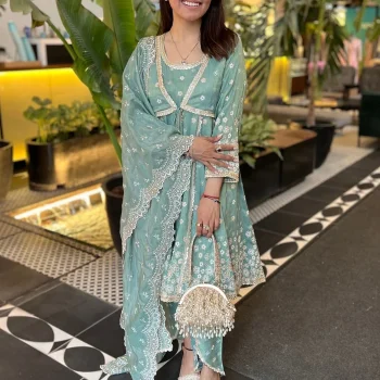 Sajeya Tissue Satin Teal Blue Anarkali Kurta Set
