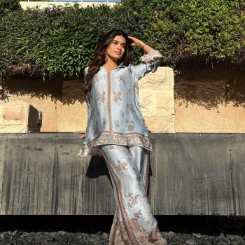 Mehrang Cupro Satin Blue Printed Shirt Set