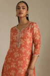 Peach Tissue Floral Print Kurta With Mirror and Pearl