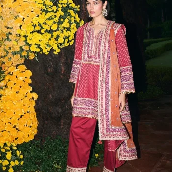 Utsavi Red Banarsi Kurta With Farshi Salwar