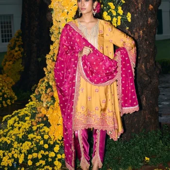 Angana Cupro Satin Mustard Kurta Set