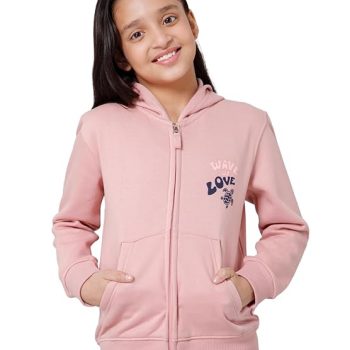 Girls Zipper Hooded Sweatshirt | Placement Print | Insert Pockets | Ribbed Hem | Regular Fit