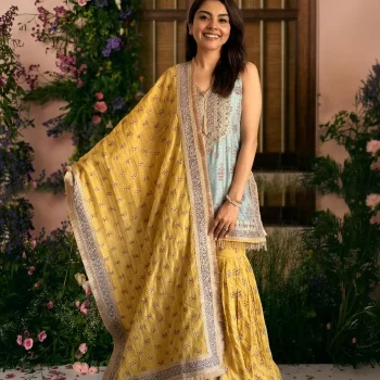 Dali Banarasi Blue Kurta with Mustard Garara