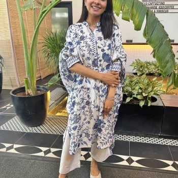 Marius Lawn Printed White/Navy Kurta Set