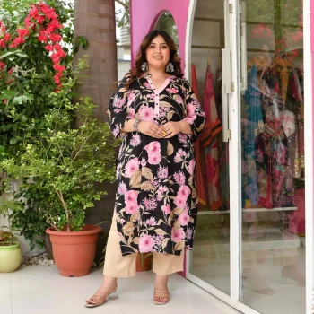 Hollyhocks- Black & Pink Floral Pure Cotton Kurta