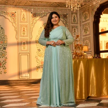 Flirtini-Mint Green Drape Saree Dress with Sequin Embellished Cape