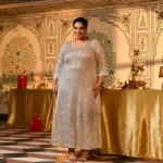 Platinum- Silver Sequin Embellished Stretchable Lycra Net Dress