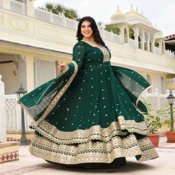 Ghevar- Peacock Green Georgette Embroidered Anarkali Lehenga Set
