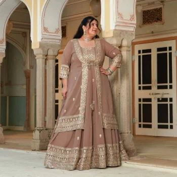 Kulfi- Clay Biscuit Embroidered Georgette Cape Lehenga Set