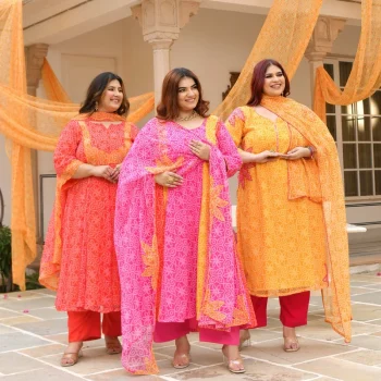 Sharbati Nimboo- Pink & Yellow Bandhani Applique Chiffon Anarkali Set
