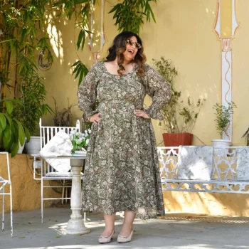 Green Reverie- Olive Floral Georgette Aline Dress