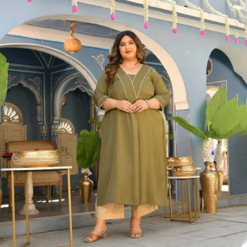 Tulsi- Olive Green Viscose Tissue A-line Pleated Kurta