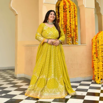 Shrikhand- Lime & Yellow Embroidered Georgette Lehenga Set