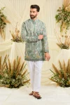Bluish green short kurta with intricate flora-fauna embroidery, multicolour threadwork, and delicate sequins for a fresh, elevated festive look